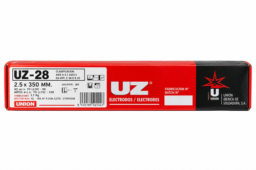 Electrodos rutilo UZ-28 E6013 – 2,5 × 350 mm – Caja 3,7 kg – Unión Ibérica