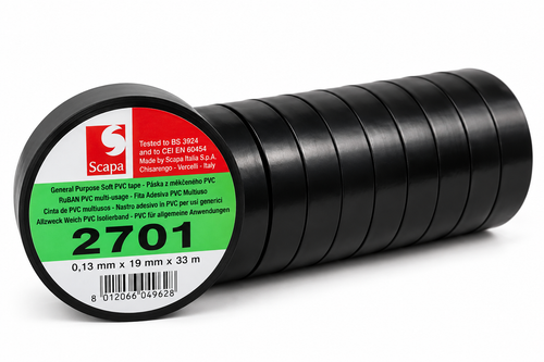 Cinta aislante PVC Scapa 2701 negra 19 mm × 33 m – pack 10 rollos