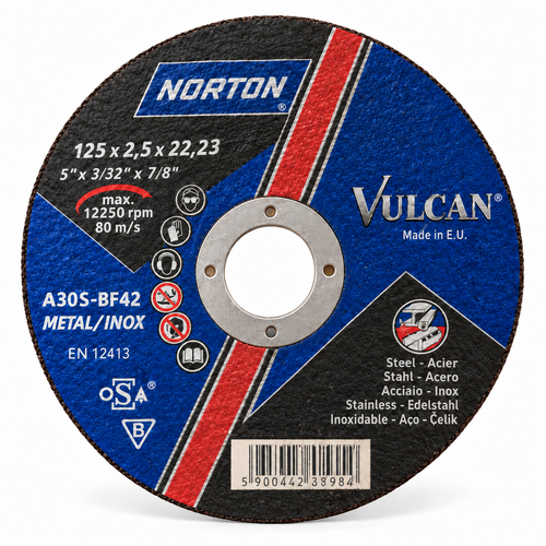 Disco de corte Norton Vulcan 125 × 2,5 × 22,23 mm A30S-BF42 – metal e inox