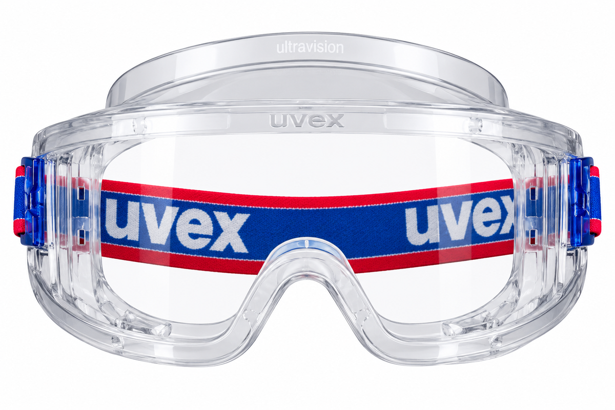 Gafas de seguridad panorámicas Uvex Ultravision transparentes con cinta elástica azul y roja