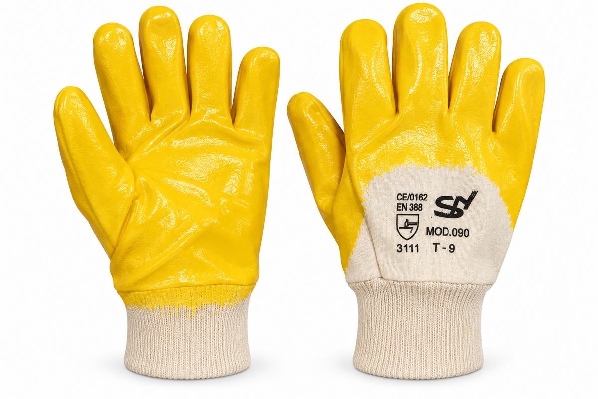 Guantes de nitrilo amarillo MOD.090 con puño de punto, EN 388 3111