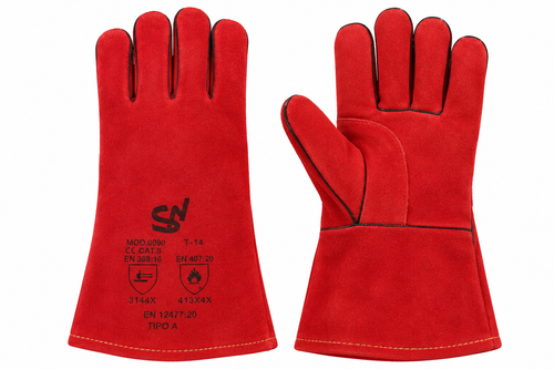 Guantes de soldador de serraje rojo – EN 12477 tipo A – EN 407 – EN 388