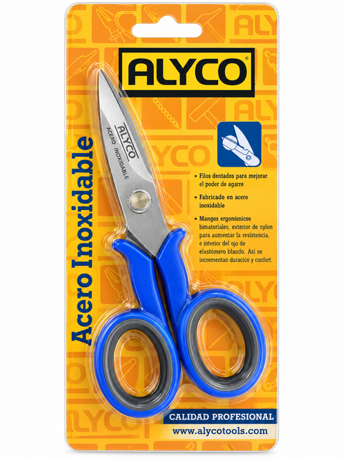 Tijeras de electricista ALYCO de acero inoxidable – filos dentados – mango bimaterial