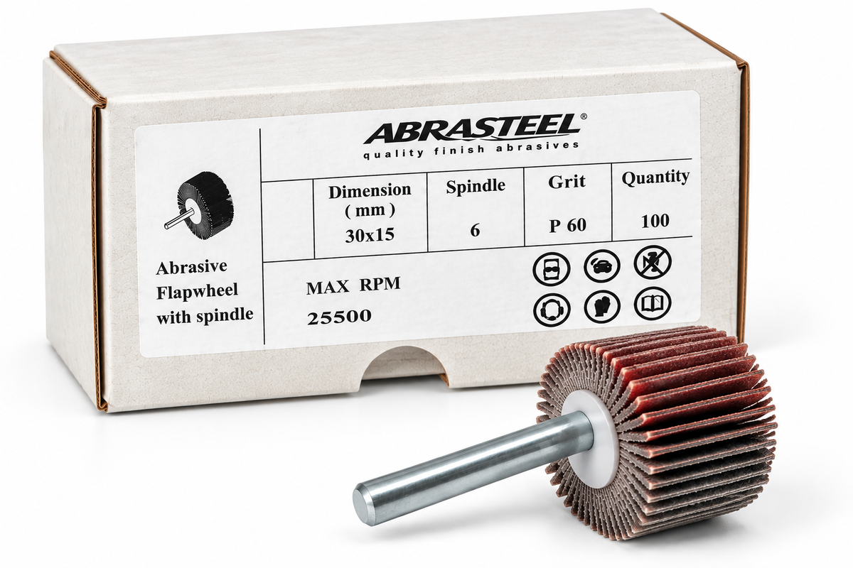 Caja de 100 mini discos de láminas Abrasteel 30x15 mm con vástago de 6 mm, grano P60