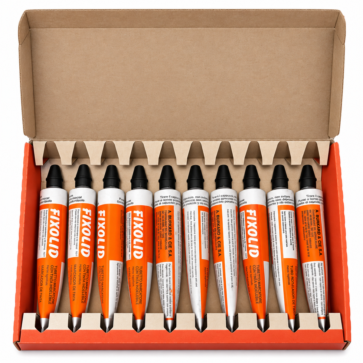 Caja abierta con diez tubos marcadores de tinta indeleble Fixolid