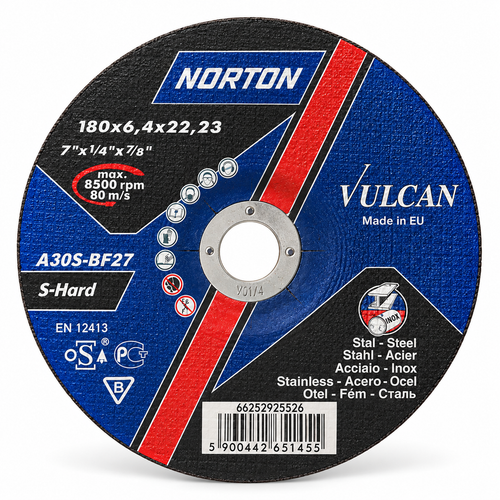 Disco de desbaste Norton Vulcan S-Hard 180 × 6,4 × 22,23 mm A30S-BF27 – acero e inox