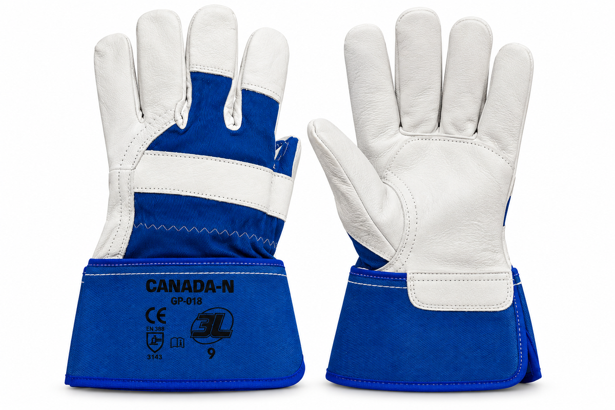 Guantes de trabajo de piel 3L CANADA-N GP-018 con dorso azul y puño largo