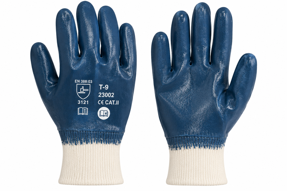 Guantes de trabajo recubiertos de nitrilo azul con puño de punto, talla 9