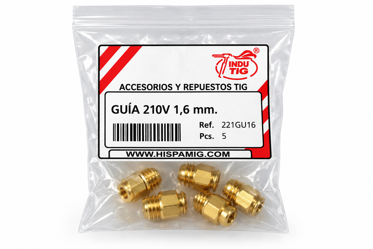 Pack de 5 guías TIG serie 210V 3,2 mm ref. 221GU32, latón con junta tórica