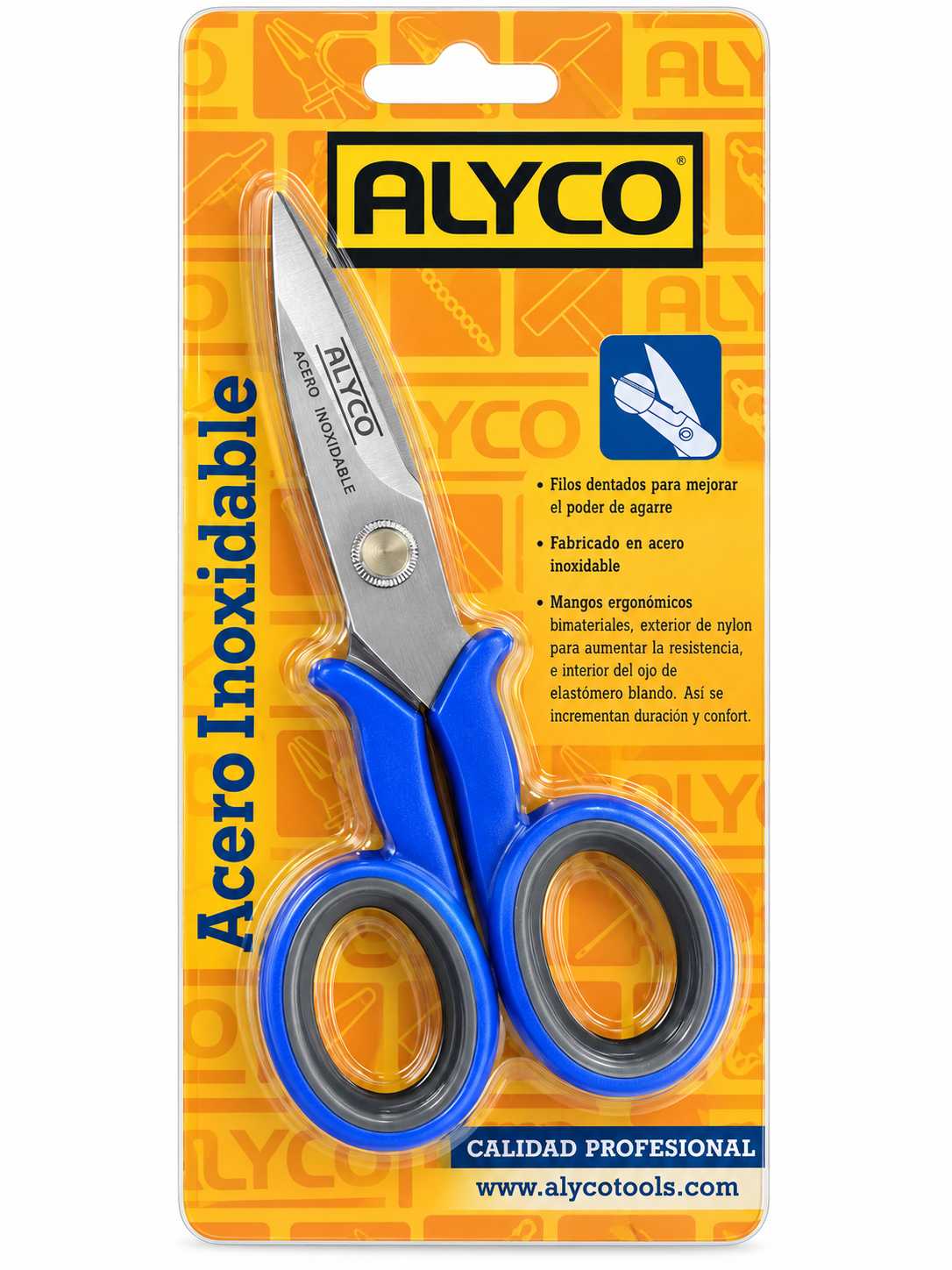 Tijeras de electricista ALYCO de acero inoxidable con filo dentado y mango bimaterial