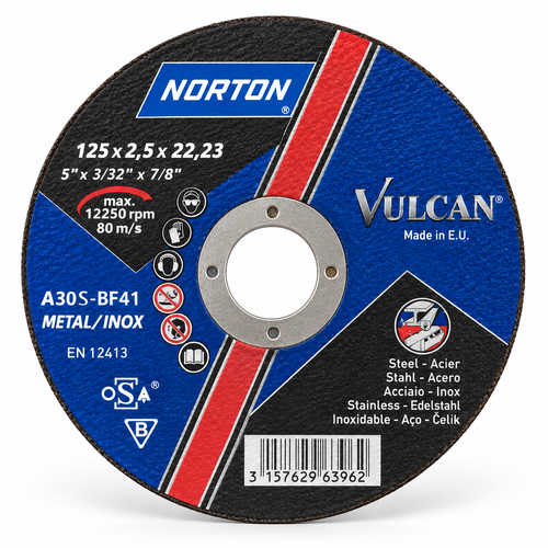 Disco de corte Norton Vulcan 125 × 2,5 × 22,23 mm A30S-BF41 – metal e inox